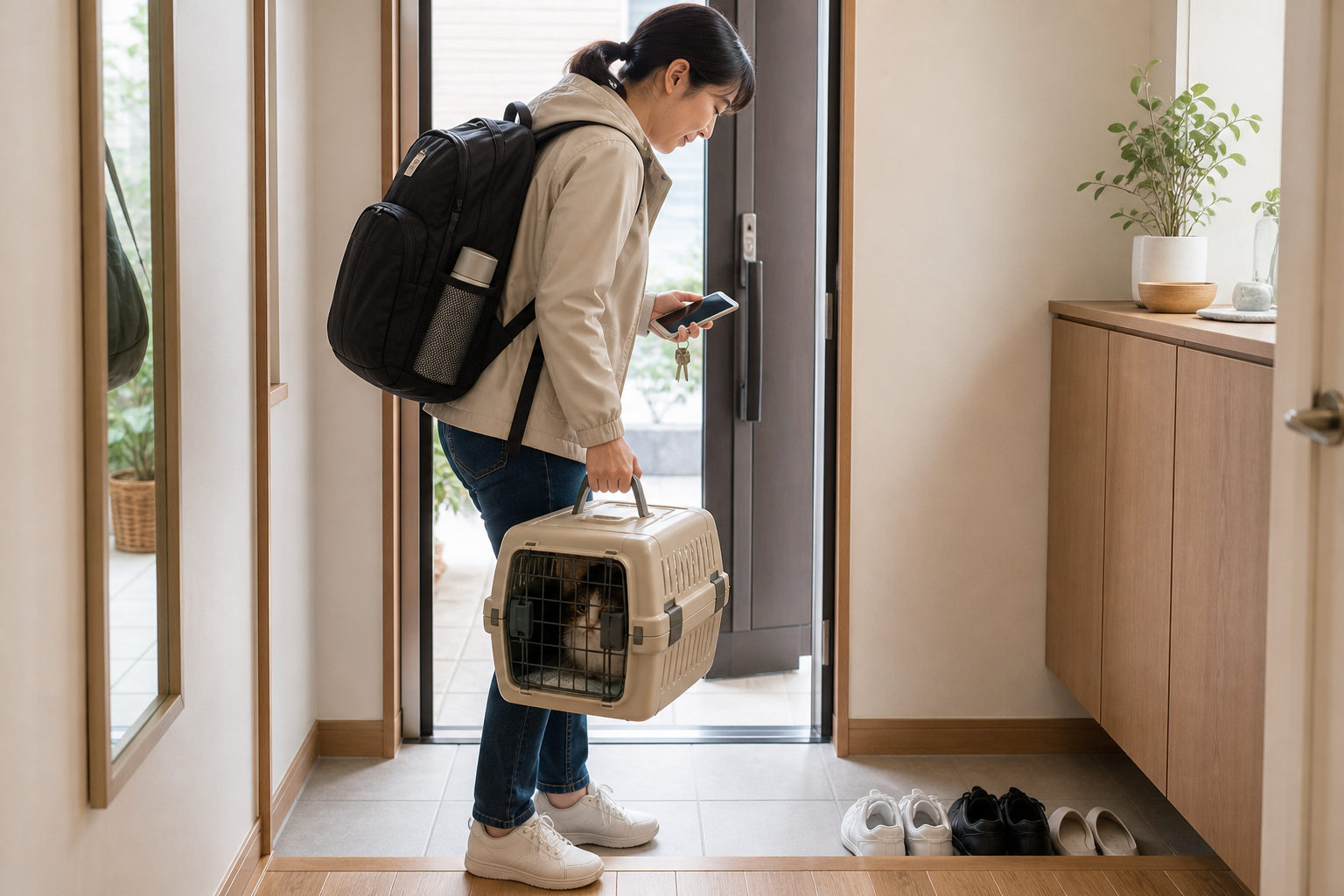 玄関でペットキャリーと防災バッグを持って避難練習をする人
