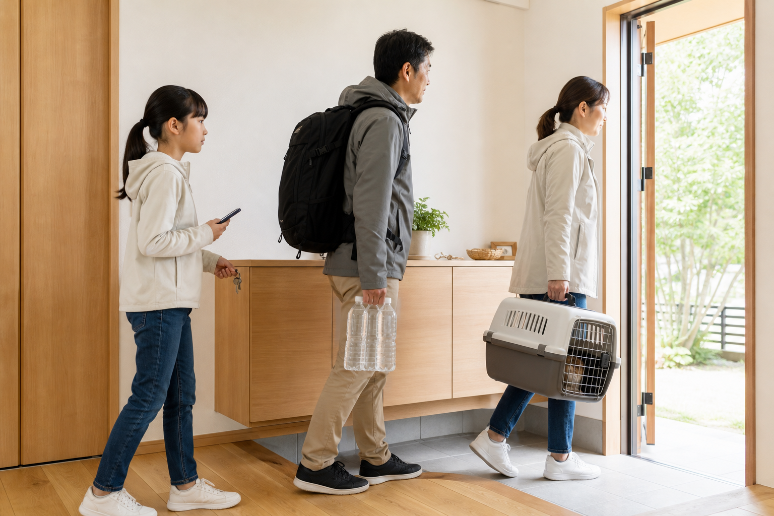ペット担当と防災バッグ担当に分かれて避難する家族